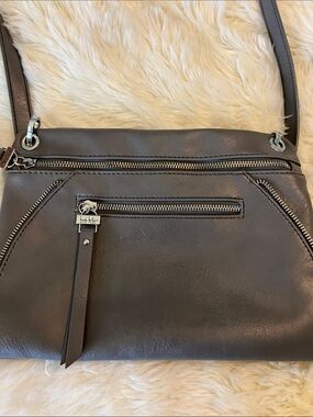 kate spade charcoal gray leather crossbody with silver zippers